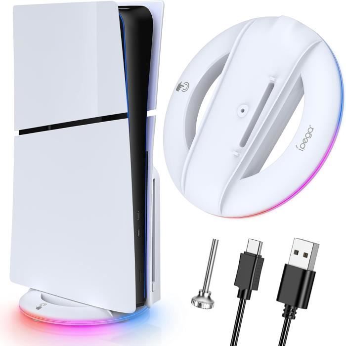 Support Vertical RGB pour PS5 Slim Disc & Digital - Accessoire avec Ventilateur et 14 Modes de Lumière - Blanc