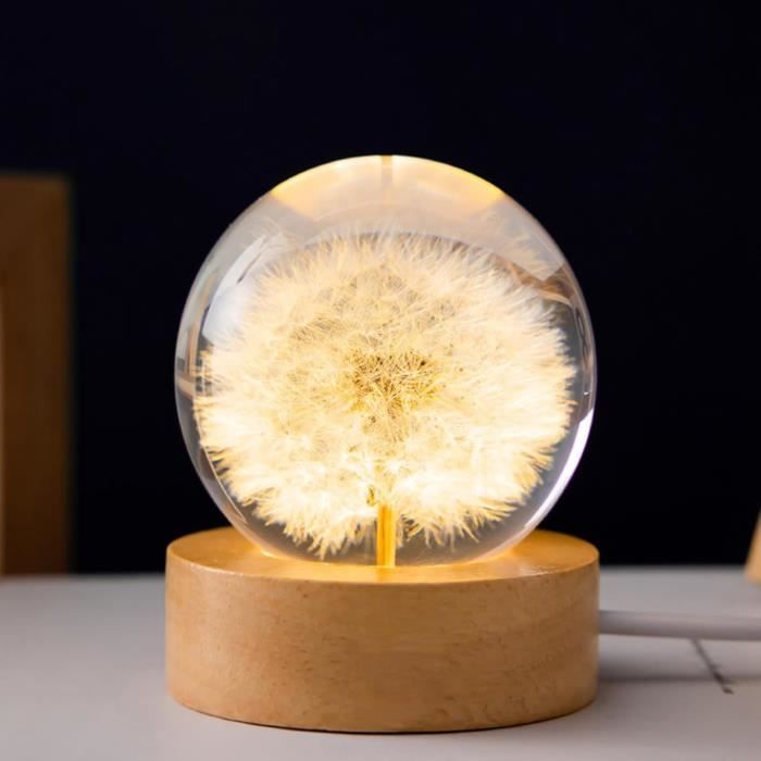 Veilleuse boule de cristal 3D : 6 cm Boule de verre Lampe avec socle en bois USB Lampe de nuit pissenlit dans un verre