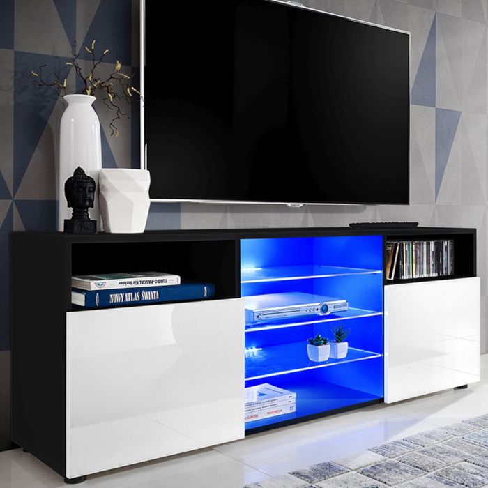 Meuble TV Urbino Komodee - LED bleues - Blanc Brillant et Noir - Facades en Brillant - 140 x 53 x 35 cm Meuble TV Urbino Komodee - LED bleues - Blanc Brillant et Noir - Facades en Brillant - 140 x 53 x 35 cm