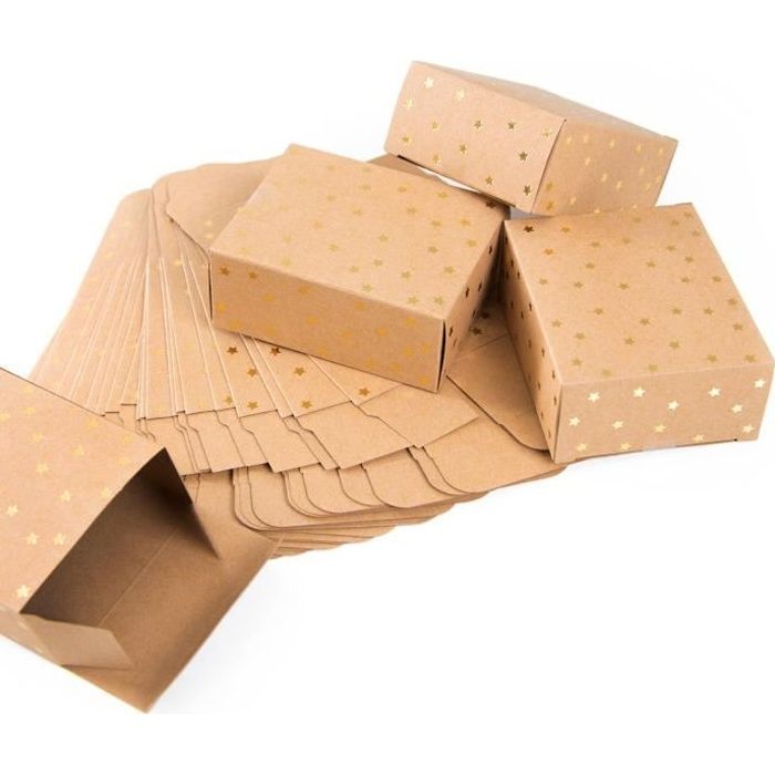 Bonbons et Gâteaux Lot de 50 Petites Boites Cadeaux pour Fêtes - Boite Kraft Carrée 12 x 12 x 6 cm Belle Vous Boite Cadeau Noire en Papier Kraft Festonnées avec Ruban Doré Mariages
