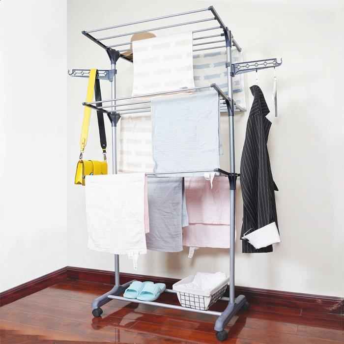 YIS Étendoir Séchoir à Linge en Acier Inoxydable Pliable - avec Ailes et Roues - 3 Étages Charge maximale 35kg - Gris