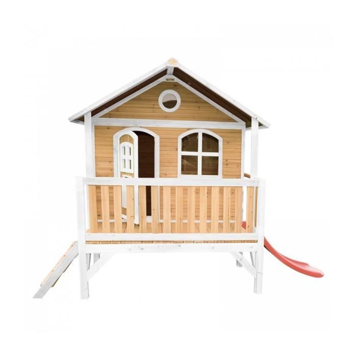AXI Stef Maison Enfant avec Toboggan rouge | Aire de Jeux pour l'extérieur en marron & blanc | Maisonnette / Cabane de Jeu en Bois