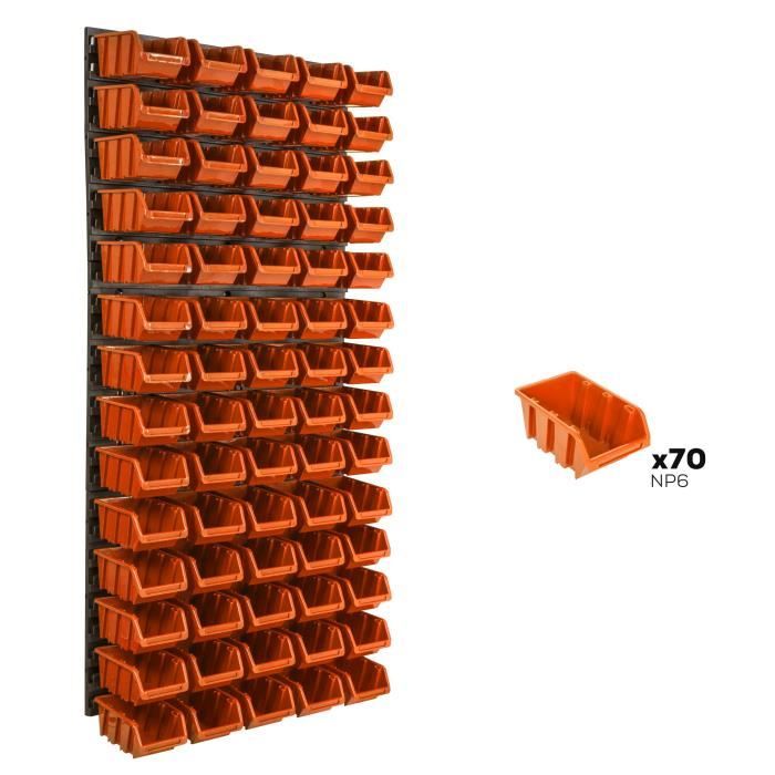 Lot de 70 boîtes S bacs a bec orange pour système de rangement 58 x 117 cm au garage