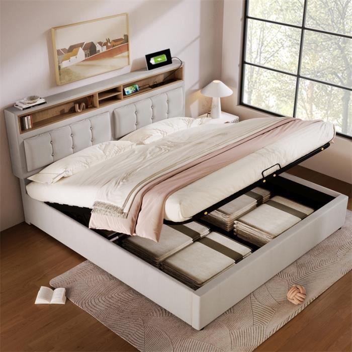 Lit coffre 160x200cm DREAMMESPACE Tête de lit avec prise USBC — free download