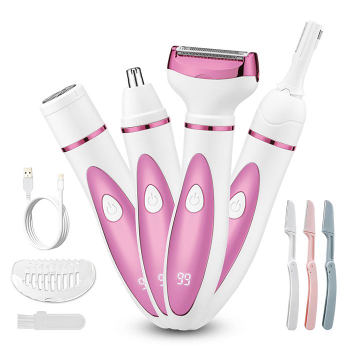 Rasoir Electrique Femme 4 en 1 Indolore Corps Tondeuse Pour Bikini, Visage, Sourcils, Nez