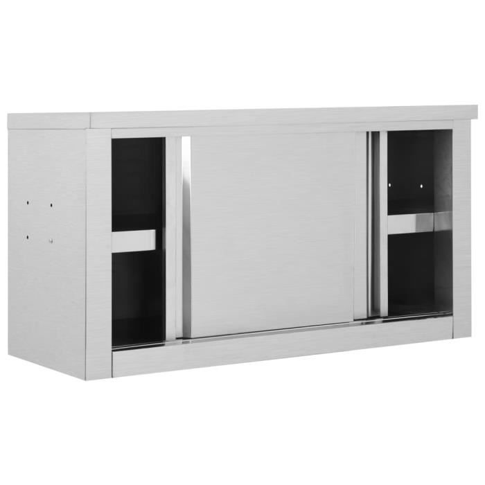 Armoire de cuisine avec portes coulissantes - KIMISS - Inox - 90x40x50 cm - Gris - Mat - Contemporain