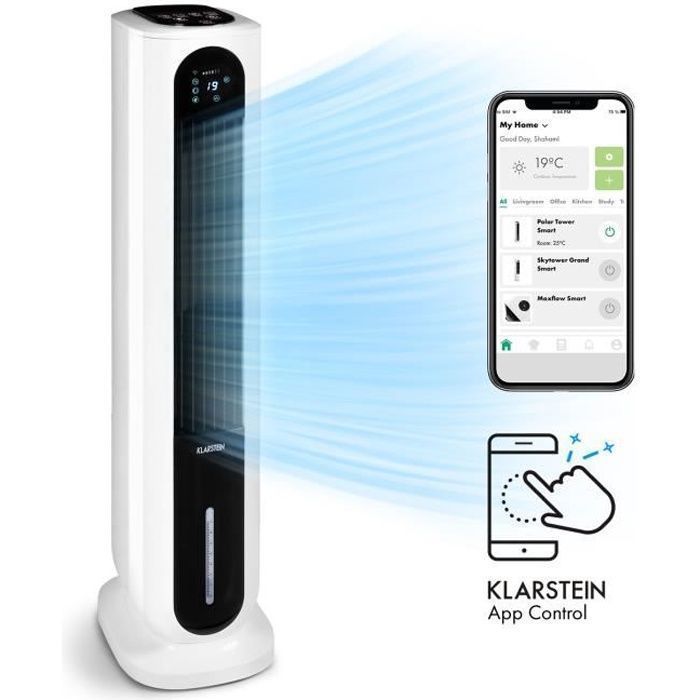 Klarstein Polar Tower Smart Ventilateur rafaîchisseur dair 7 L 85W télécommande 5x packs de glace - Klarstein
