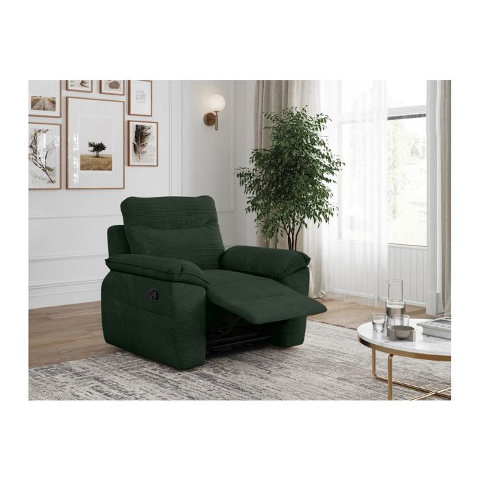 Fauteuil de relaxation manuel ROSS en velours côtelé - Vert foncé - L101 x P100 x H102cm - LOUNGITUDE Fauteuil de relaxation manuel ROSS en velours côtelé - Vert foncé - L101 x P100 x H102cm - LOUNGITUDE