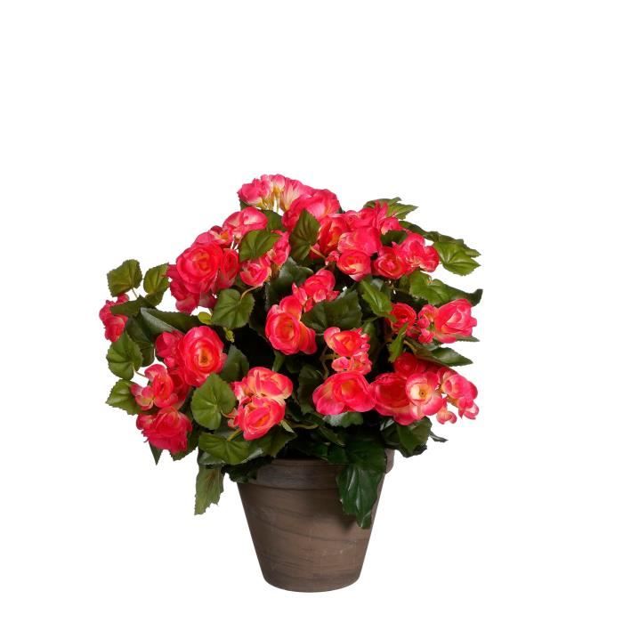 Plante artificielle bégonia en pot ciment - H37 x Ø36 cm - Rose foncé - Mica Decorations