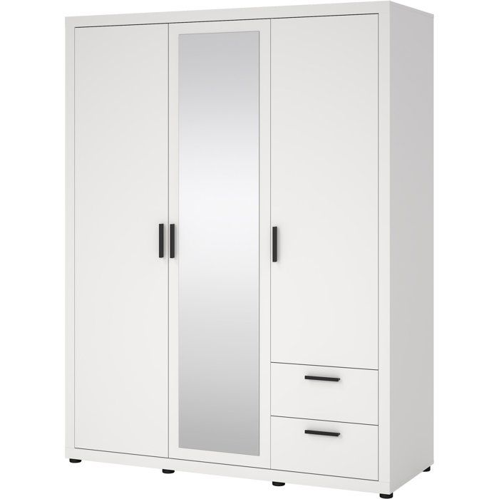 Armoire de chambre - MIRA - Blanc mat - 3 portes dont 1 avec miroir - 2 tiroirs - 1536 x 598 x 2009 cm