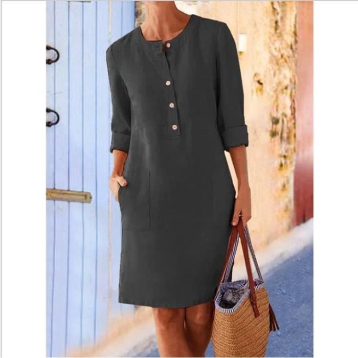 Robe 2020 Mode feminine En Autumne Couleur Unie En Coton Et Lin Robe mi longue Nouvelle O cou a manches longues Tenue Type black Blanc Cdiscount Pret a Porter