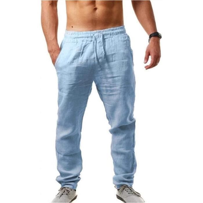 PANTALON Pantalons Homme Été Lin Coton Chino Leger Respirant Poches Taille Élastique Décontracté Pantalon Yoga Plage Bleu ciel