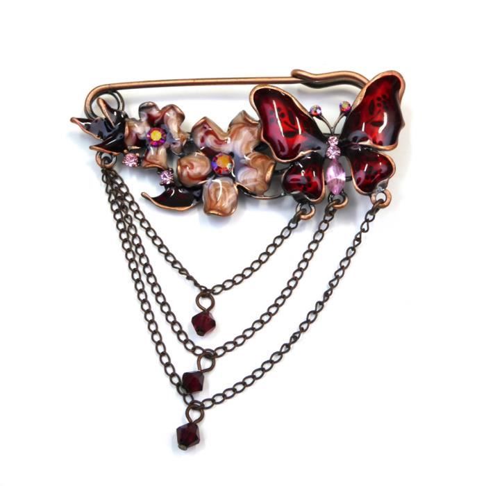 Broche épingle à nourrice 7cm motif papillon émail - bordeaux - RC004662