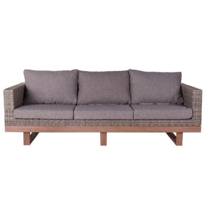 canape d exterieur 3 places bois d acacia rotin gris rinca l 220 x l 89 x h 65 cdiscount jardin