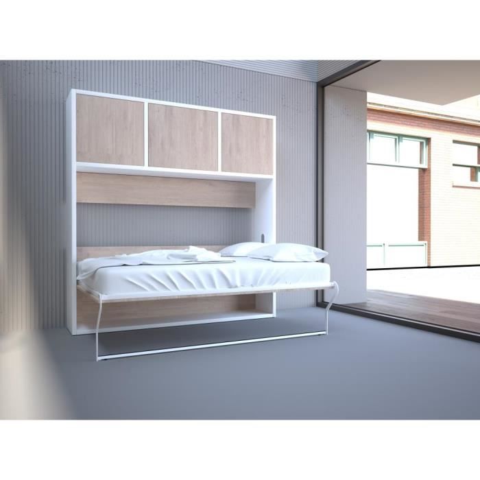 lit escamotable 140 x 200 cm - ouverture horizontale manuelle - avec rangements - coloris : naturel et blanc - elianor ii