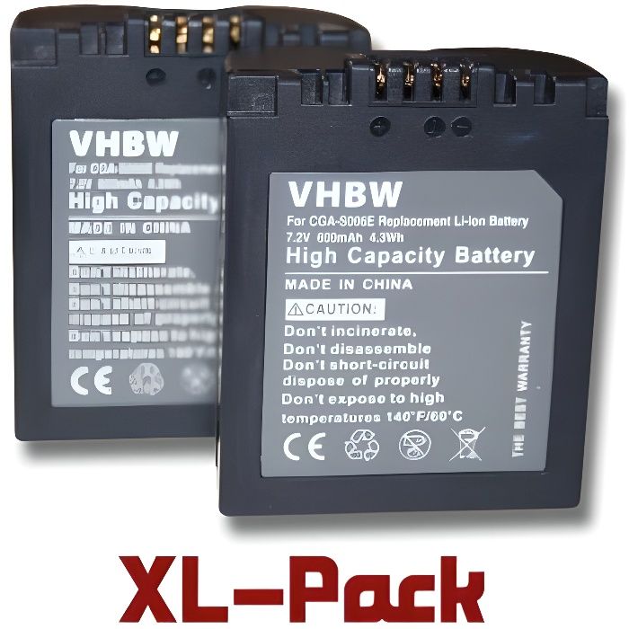 2 batteries de secours pour Panasonic: Lumix DMC-FZ7, FZ8, FZ18, FZ28, FZ30, FZ35, FZ38, FZ50 - Remplace : Panasonic CGA-S006 - C…
