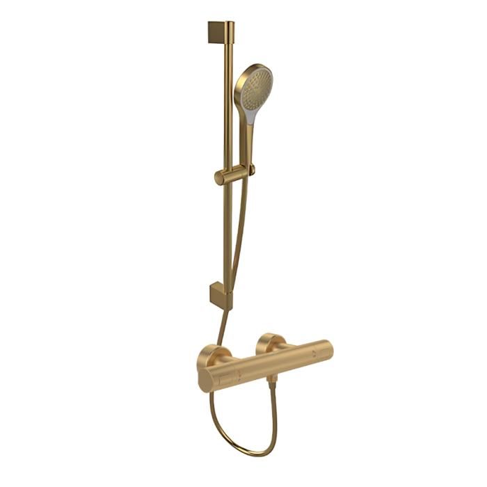 Mitigeur douche thermostatique VILLEROY ET BOCH Universal rond + Ensemble de douche Verve Showers 3 jets Or brossé