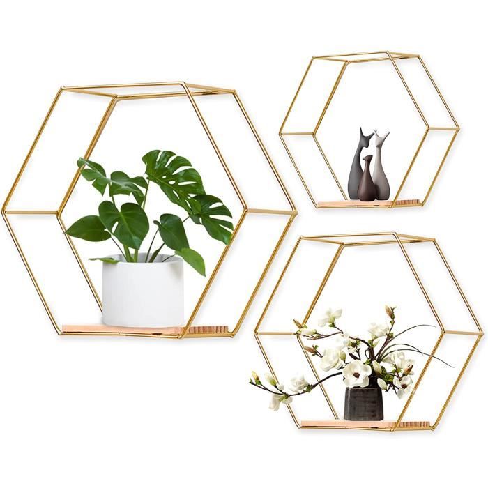 Lot de 3 étagères murales hexagonales en métal et bois Cadre Decoration Pour cuisine chambre à coucher décoration murale (doré)