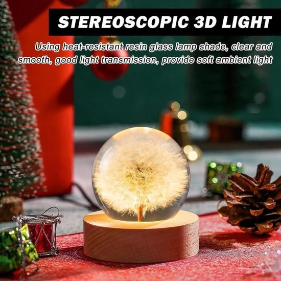 TUZELIYA Veilleuse Boule De Cristal Pissenlit - 7 Cm - Avec Base