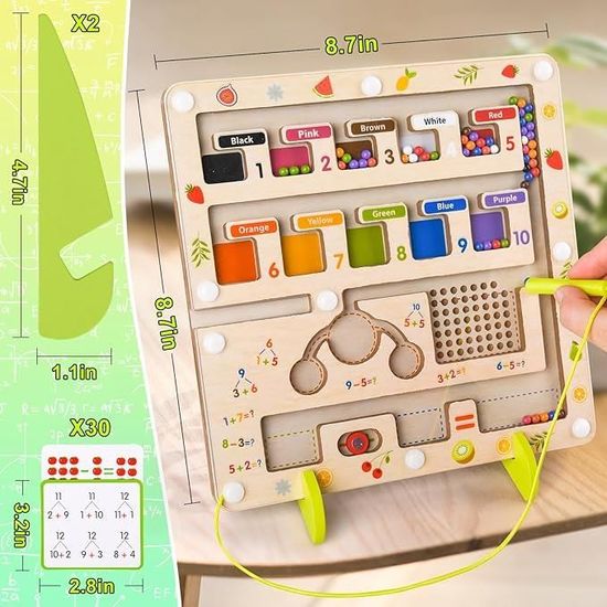 Labyrinthe Magnétique En Bois – Jeu Éducatif 1 à 6 Ans – Apprendre Couleurs & Compter – Avec Stickers Dinosaures Offerts