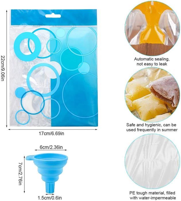 100 Sacs à Glaçons Jetables + Entonnoir Silicone – Glaçons Parfaits Pour Cocktails, Barbecue, Voyages – 24 Cubes Par Sac