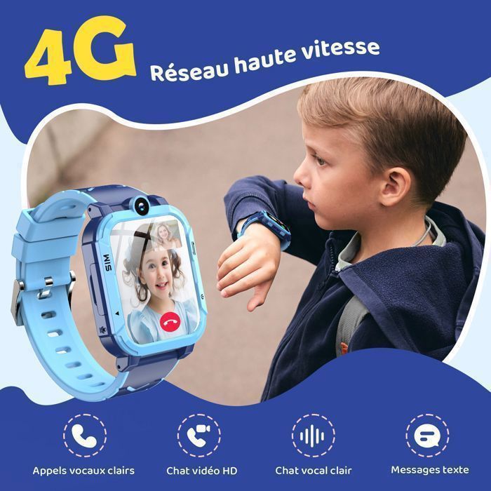 Montre connectée pour enfants avec GPS et appel vidéo SMS, appel SOS 12/24 h, chat vocal, réveil, appareil photo, podomètre, mode - Téléphonie