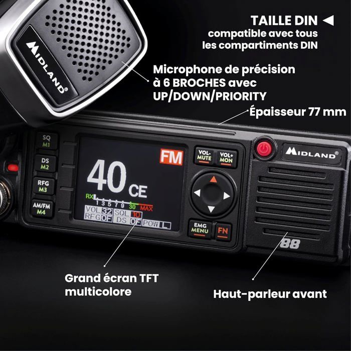 Radio CB Midland M88 Professionnelle DIN Écran TFT Multicolore ...