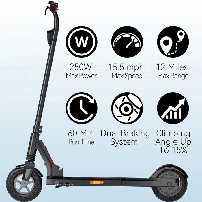 Trottinette électrique Pliable Pour Ados Et Grands Enfants – Moteur 250W, 25 Km/h, Frein Pied Arrière, Charge 100 Kg, Noir