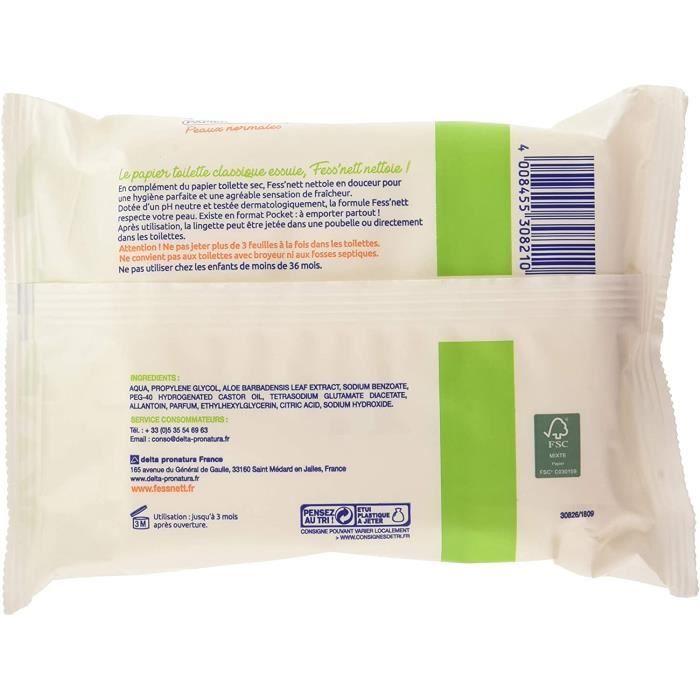 Fess'nett Papier Toilette Humide Pocket Vert Aloe x20 - Formule Testée  Dermatologiquement 0% Parabène 0% Phenoxyethanol - Pour Peaux Normales :  : Hygiène et Santé