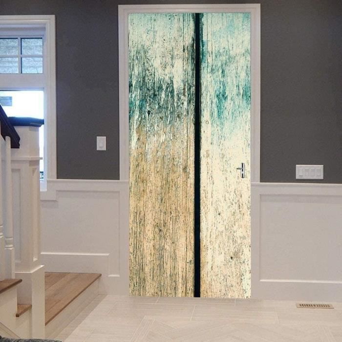 Papier Peint 3D Rétro Bleu Bois Art 40X120Cm Sticker Porte Effet 3D - Autocollant Trompe L'Œil