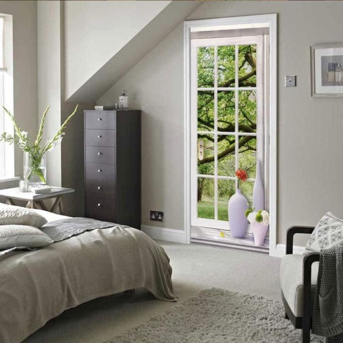 Sticker Porte Effet 3D Style Palais Chinois - PVC, 77x200 Cm, Amovible Sans Trace - Décoration Murale Fleur Botanique