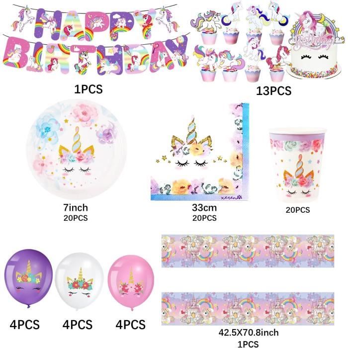 Kit de décorations de fête d'anniversaire licorne - 32 assiettes et 16 serviettes - Nappe