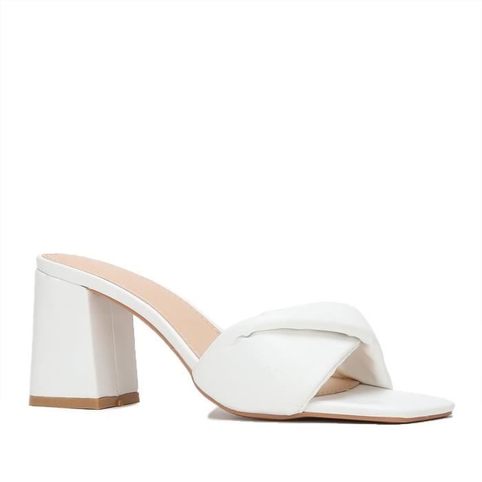 Mules Femme Blanc Bride en simili matelasse Talon 7cm Blanc Cdiscount Chaussures