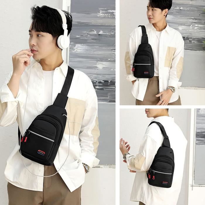 Sac Bandoulière Cuir PU Homme - Sacoche Poitrine 15x30cm, Anti-vol, Multi-poches, Brun