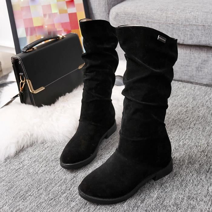 Bottes de neige noires pour femmes en cuir doux et suède Automne