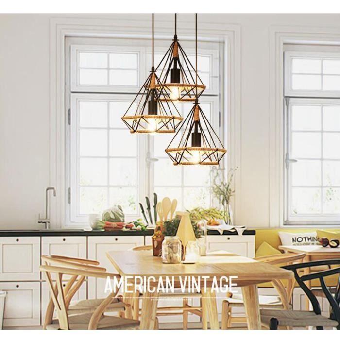 Lustre Suspension Industrielle 25cm en forme Diamant Corde de Chanvre Ajustable Luminaire pour Salle à Manger,Bar,Chambre - Maison