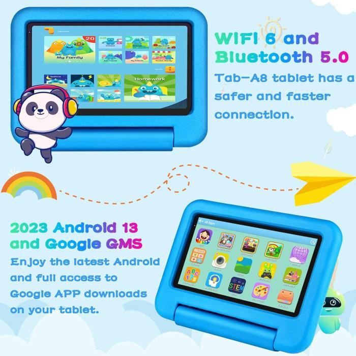 2024 Newest Tablette pour enfants 7 pouces Android 13 7 Go RAM + 64 Go ROM (1 To TF), WiFi 5G | GPS, double caméra, contrôle parental, jeux éducatifs pour enfants, tablette