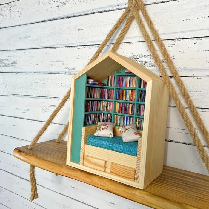 Bibliotheque tiroirs triple merisier meuble miniature 1/12, Bureau et