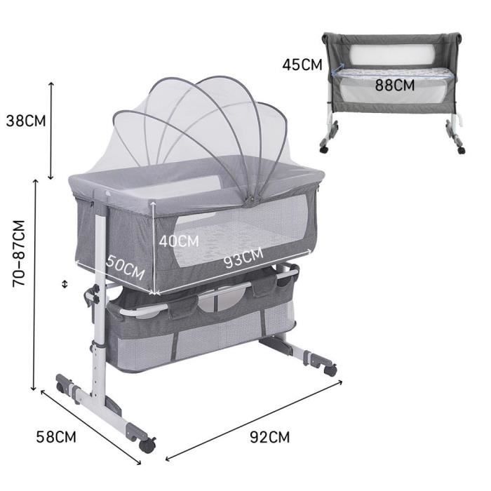 Lit D'Appoint Bébé Transformable 90x40/55cm - Pin Massif Blanc, Hauteur Réglable 9 Positions, Avec Matelas Aloe Vera | Évolutif De La Naissance
