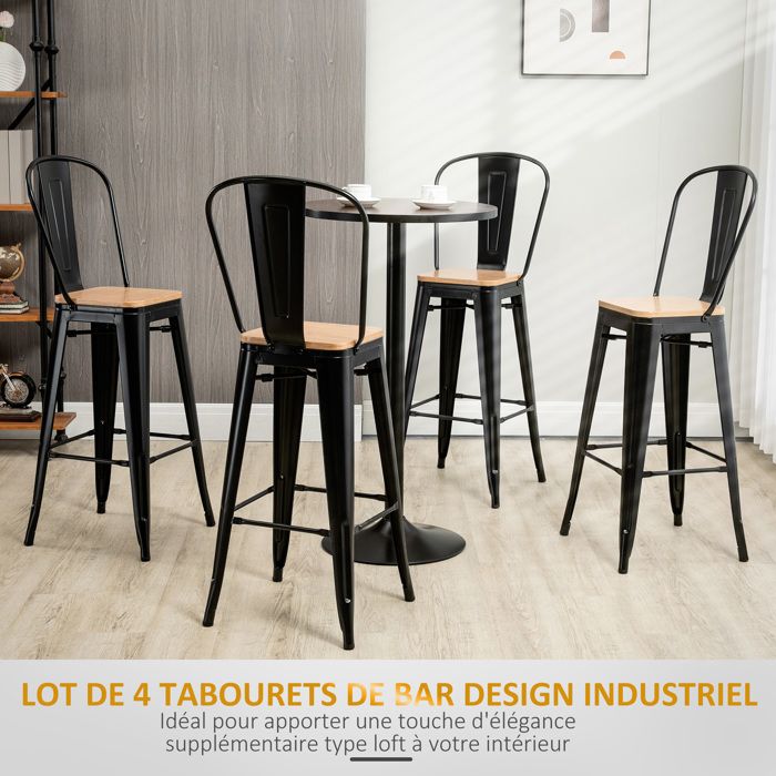 2 Tabourets De Bar Design Bohème HOMCOM - Noir | 66 Cm Avec Repose-Pieds | Pour Cuisine & Comptoir