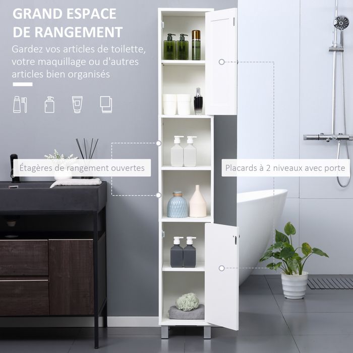 Colonne Rangement Salle De Bain 120 Cm Blanc Laqué : 2 Portes, étagères Réglables, Ouverture Par Poussée