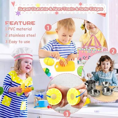 Set De Cuisine Enfant 85 Pièces - Ustensiles, Aliments Factices, Panier Pique-nique - Jeu D'imitation Pour Filles Et Garçons 3-7 Ans