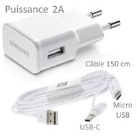 Pour Samsung Galaxy GRAND PRIME VE : Chargeur USB Original 2A + Câble Long 150 cm Blanc