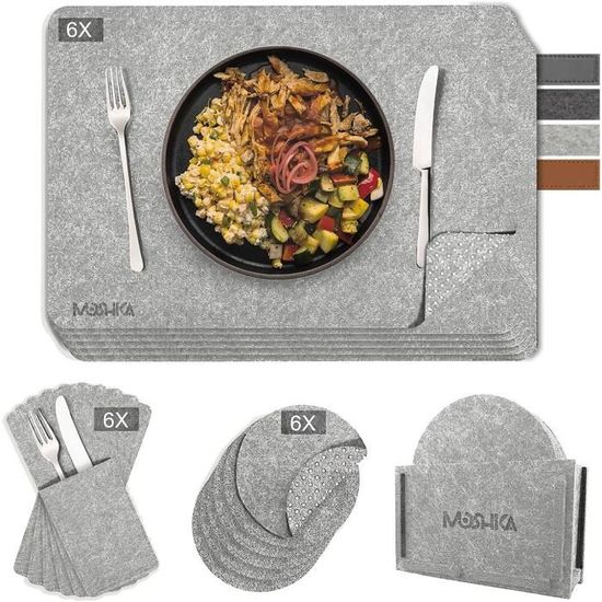 Miqio® - Feutre et cuir – Sets de table design (ronds) – Lot de 6 sets de table lavables de qualité supérieure de 37 cm et 6 dessous de verre (gris chiné