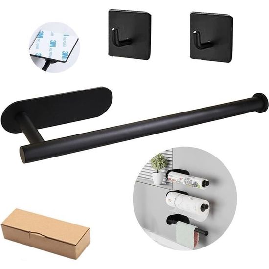 Porte-rouleau Papier Toilette Autocollant Sans Perçage - Acier Inoxydable Noir - Pour Salle De Bain, Cuisine - Support Mural