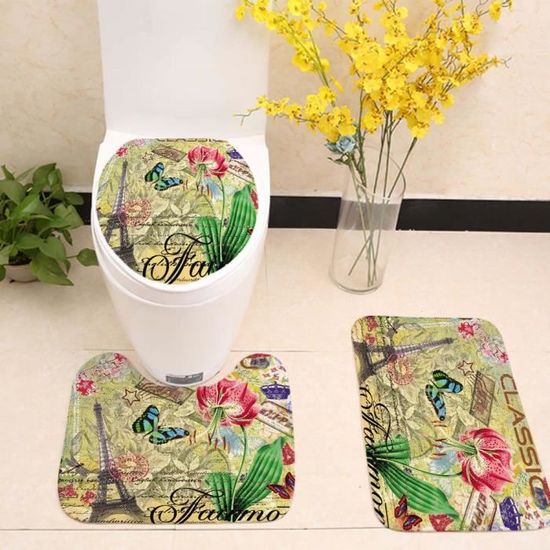 Abattant Wc,Housse de siège de toilette en tissu flanelle, motif de fleurs roses, housse de toilette, tapis - Type set #D