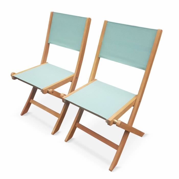 Chaises de jardin en bois et textilène - Almeria vert de gris - 2 chaises pliantes en bois d'Eucalyptus FSC huilé et textilène