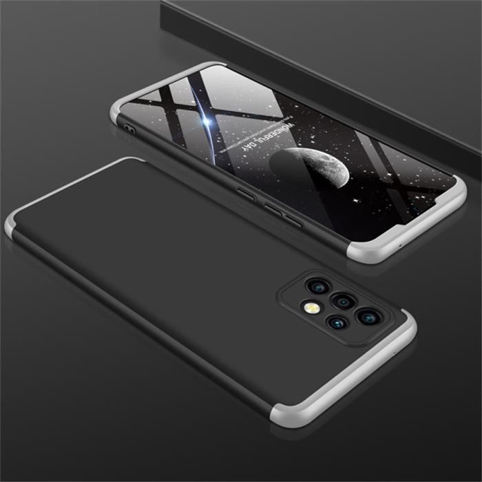Coque Samsung Galaxy A52, Argent Noir avec Protection d'écran Film 3 en 1 Ultra-fin Antichoc Protection à 360 Degrés
