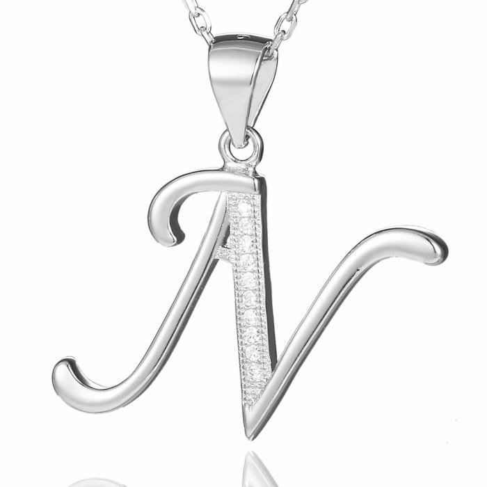 Collier Morella femme pendentif avec lettre N argent 925 rhodié avec zircons blancs 45 cm