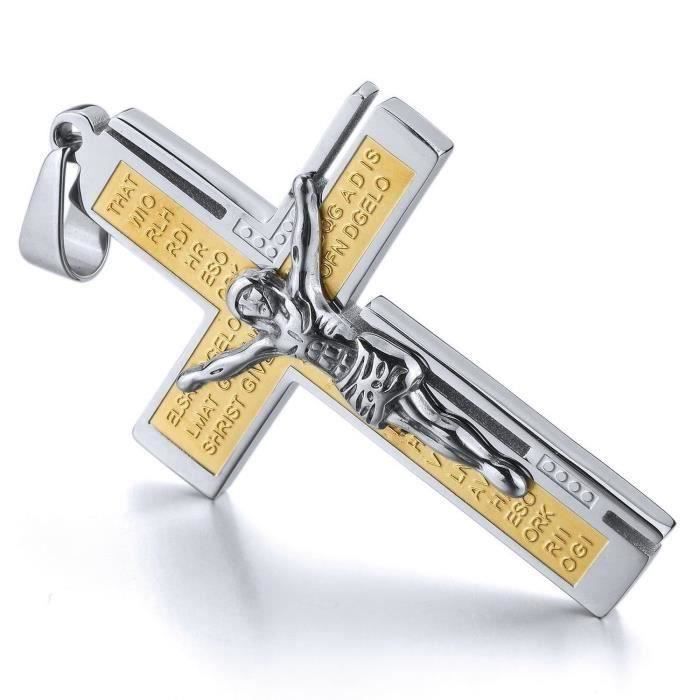 Acier Inoxydable Pendentif Collier Argent Or Jésus Chrétien Crucifix Croix Bible Seigneurs Prière Rétro Homme ,58cm chaîneMKK29
